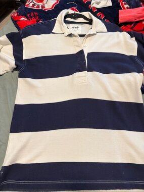Aerie blue and whitw  rugby Striped Collared Pullover